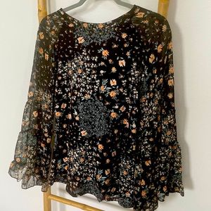 Black floral blouse with bell sleeve